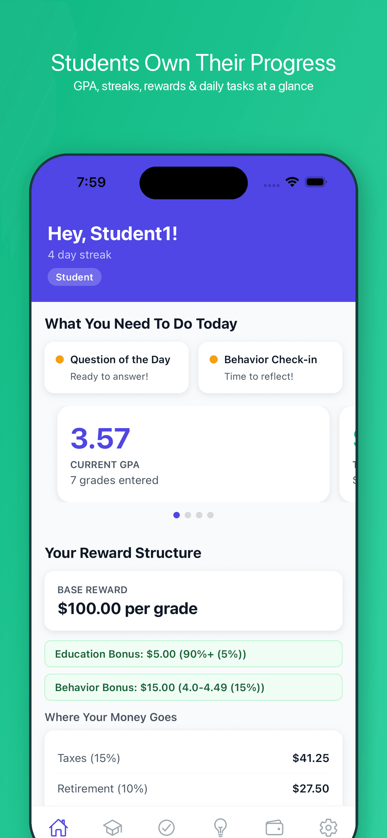 Centsible Scholar student home — daily tasks, streaks, and GPA