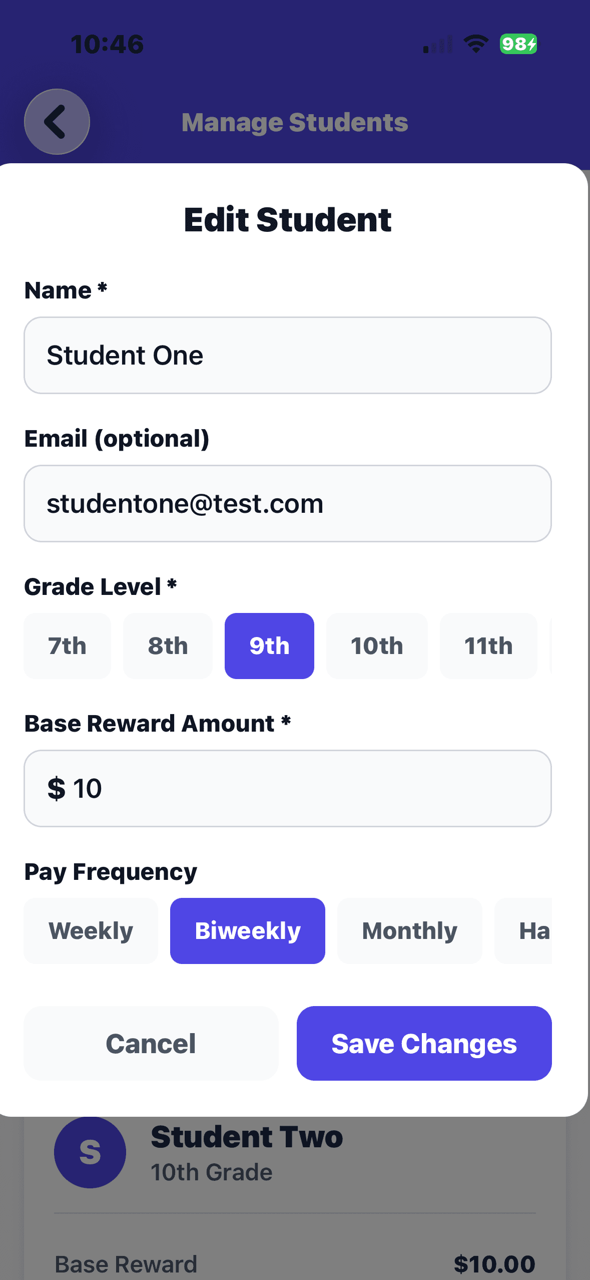 Edit Student — set name, grade, base reward, and pay frequency